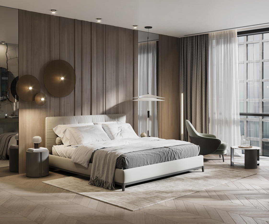 3D rendering of large bedroom in hotel suite. Computer generated image of a luxurious and elegant bedroom interior.